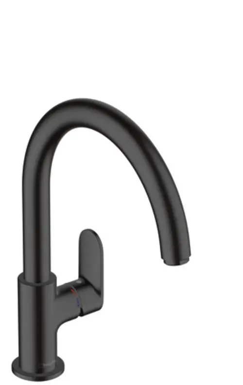 Schwarzer Küchenarmatur von Hansgrohe mit einem gebogenen Auslauf und einem seitlichen Hebel zur Wassersteuerung.